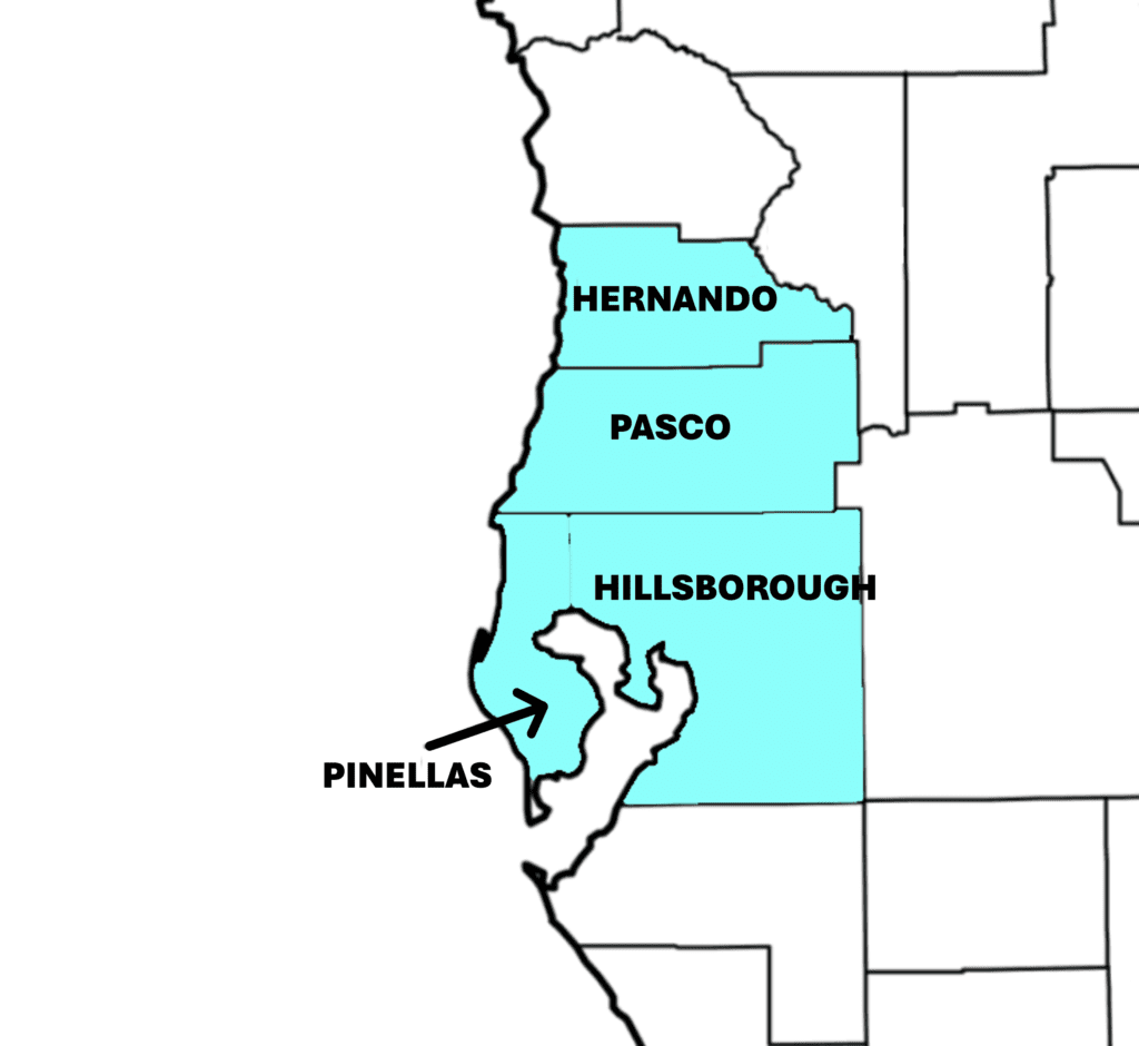 Map of west-central Florida highlighting Hernando, Pasco, Pinellas and Hillsborough counties